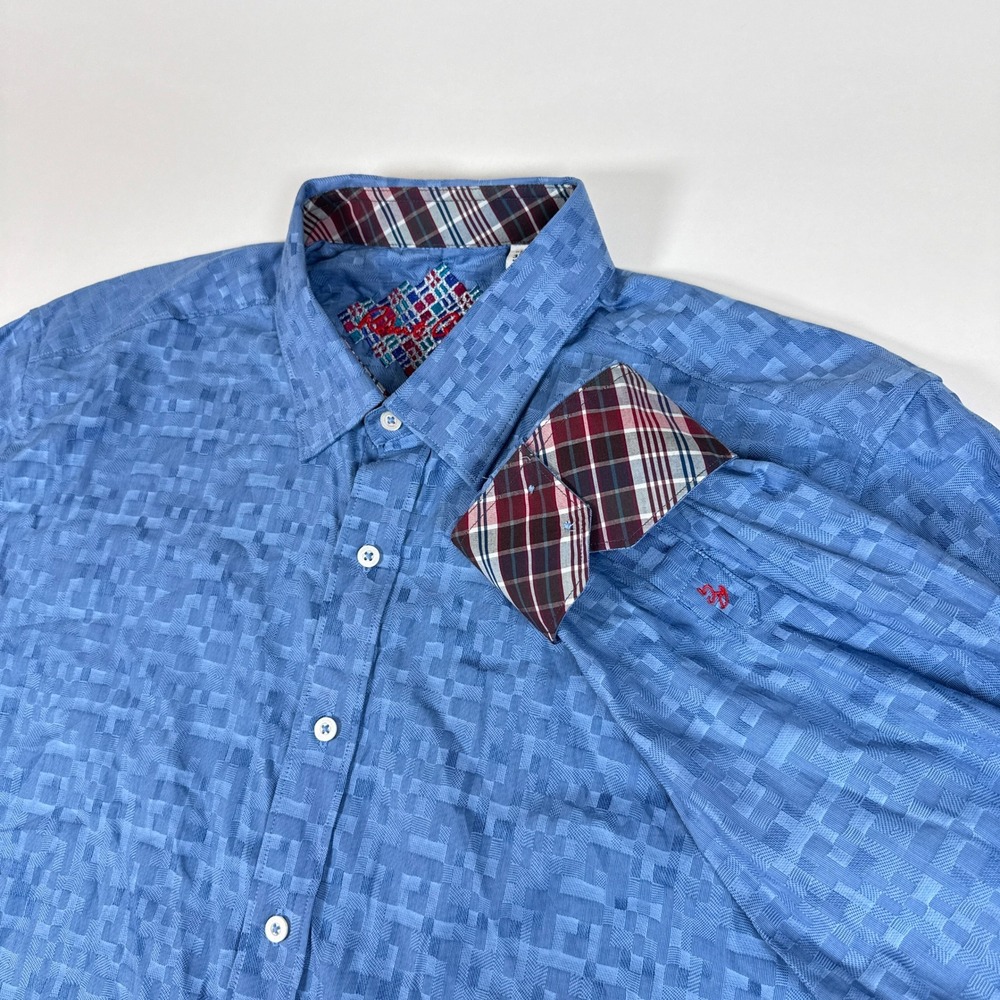 Robert Graham Shirt Mens 3XL Blue Textured Jacquard Plaid Trim Classic Button Up